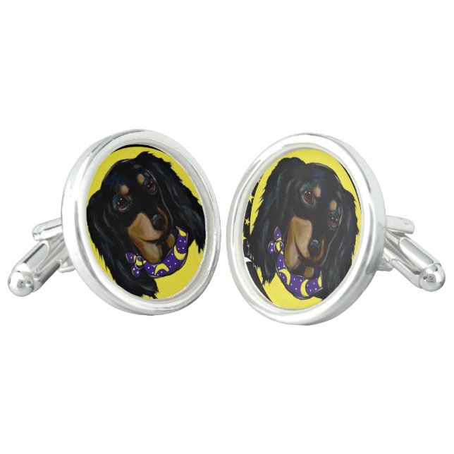Long Haired Black Dachshund Cufflinks (Angled)