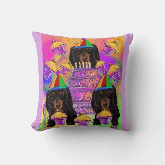 Long Haired Black Dachshund Throw Pillow (Front)