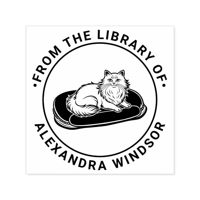 Long Haired Cat on Bed Library Book Name Self-inking Stamp (Design)