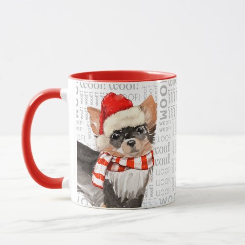 Long Haired Chihuahua and Woof Art Christmas Mug