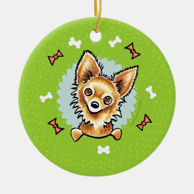 Long Haired Chihuahua Christmas Wreath Ceramic Ornament (Front)