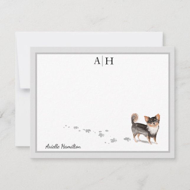 Long Haired Chihuahua Dog Gray Border Monogram Note Card (Front)