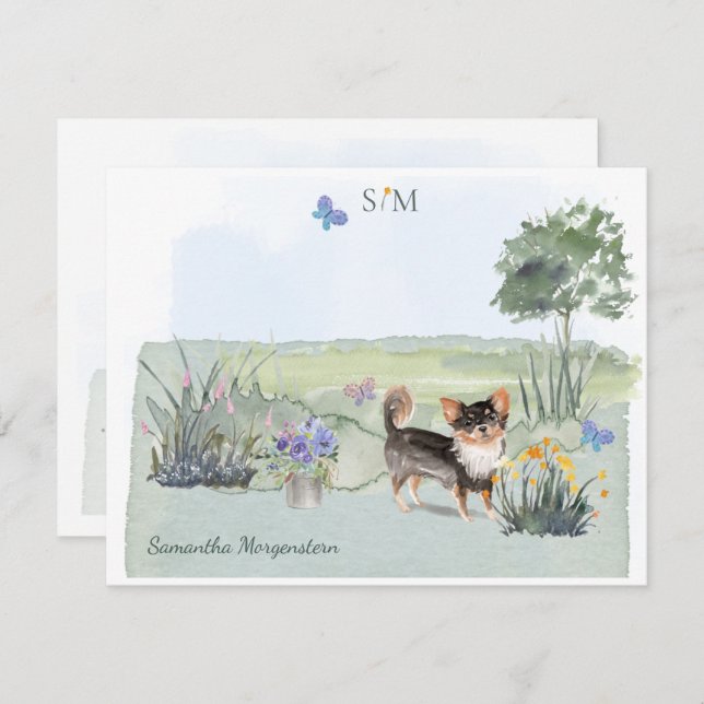  Long Haired Chihuahua Dog  Monogram & Name     Note Card (Front/Back)
