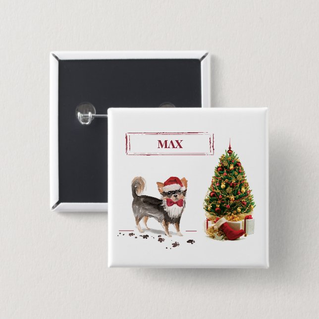 Long Haired Chihuahua Funny Christmas Dog Tree Button (Front & Back)