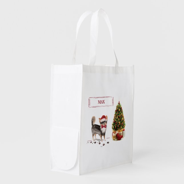 Long Haired Chihuahua Funny Christmas Dog Tree Grocery Bag (Front Side)