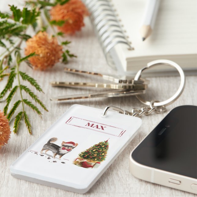 Long Haired Chihuahua Funny Christmas Dog Tree Keychain (Front Right)