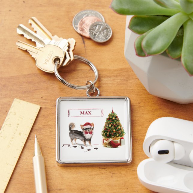 Long Haired Chihuahua Funny Christmas Dog Tree Keychain (Desk)