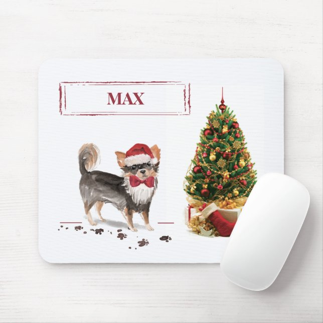 Long Haired Chihuahua Funny Christmas Dog Tree Mouse Pad (With Mouse)