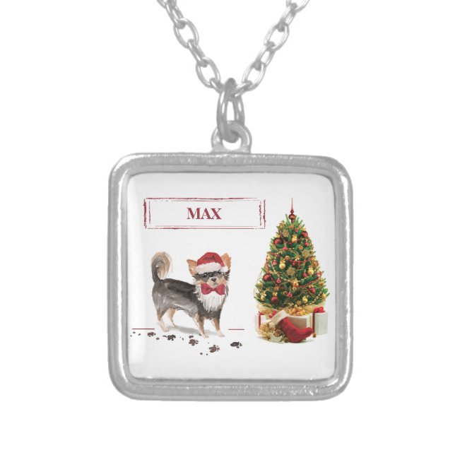 Long Haired Chihuahua Funny Christmas Dog Tree Silver Plated Necklace (Front)