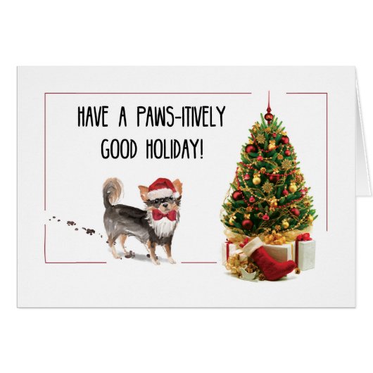 Long Haired Chihuahua Funny Christmas Dog w/ Tree Cards (Front Horizontal)