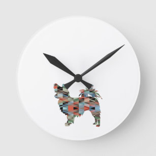 Long Haired Chihuahua Geo Silhouette Plaid Round Clock