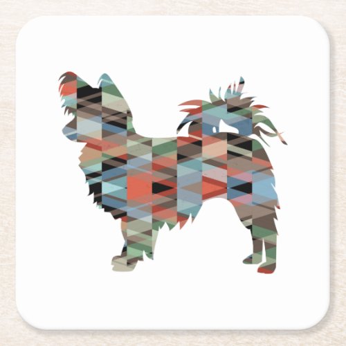 Long Haired Chihuahua Geo Silhouette Plaid Square Paper Coaster