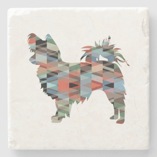 Long Haired Chihuahua Geo Silhouette Plaid Stone Coaster