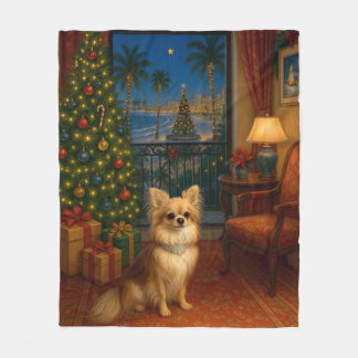 Long-haired Chihuahua Holiday Fleece Blanket