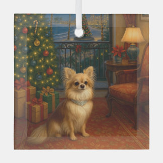 Long-haired Chihuahua Holiday Glass Ornament