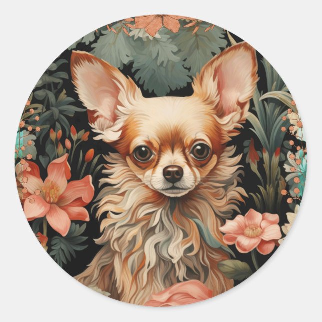 Long Haired Chihuahua in Style of William Morris Classic Round Sticker (Front)