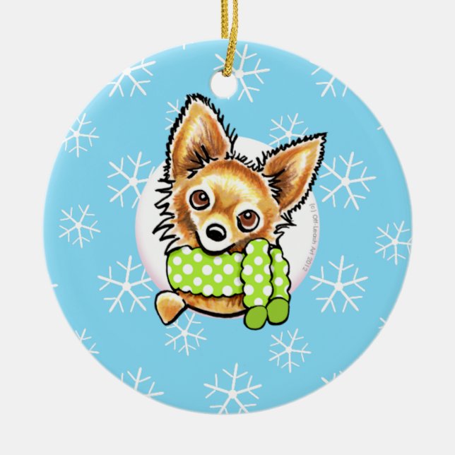 Long Haired Chihuahua Let it Snow Ceramic Ornament (Front)