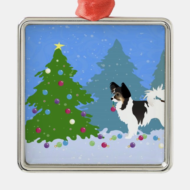 Long-haired Chihuahua or Papillon Decorating Tree Metal Ornament (Front)