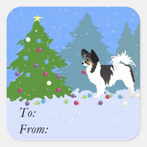 Long_haired Chihuahua or Papillon Decorating Tree Square Sticker