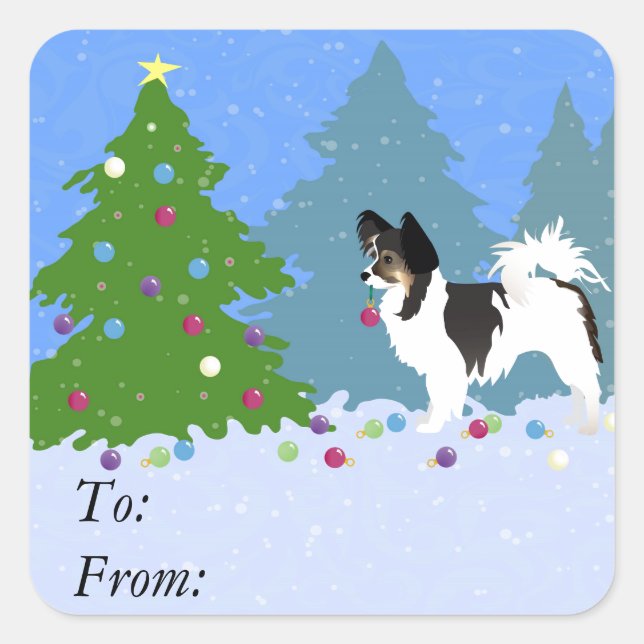 Long-haired Chihuahua or Papillon Decorating Tree Square Sticker (Front)