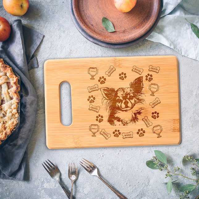 Long Haired Chihuahua Paws Family Name Monogram Engraved Cutting Board (Creator Uploaded)