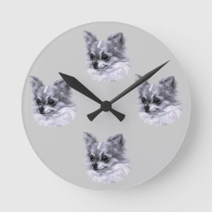 Long-Haired Chihuahua pencil drawing Round Clock