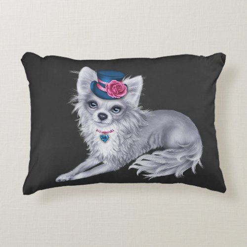 Long Haired Chihuahua Pillow wearing Hat with Flow