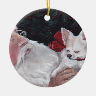 Long Haired Chihuahua& Santa Dog Art Ornament