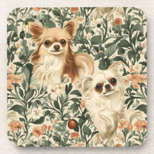 Long Haired Chihuahuas William Morris style floral Beverage Coaster