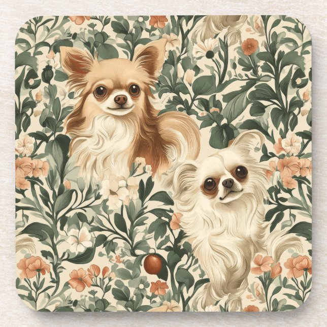 Long Haired Chihuahuas William Morris style floral Beverage Coaster (Front)