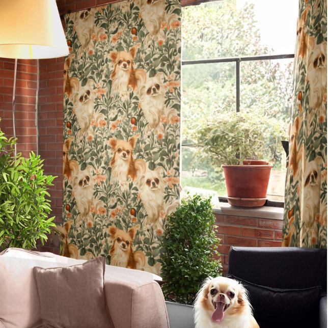 Long Haired Chihuahuas William Morris style floral Blackout Curtains (Shown in blackout style)
