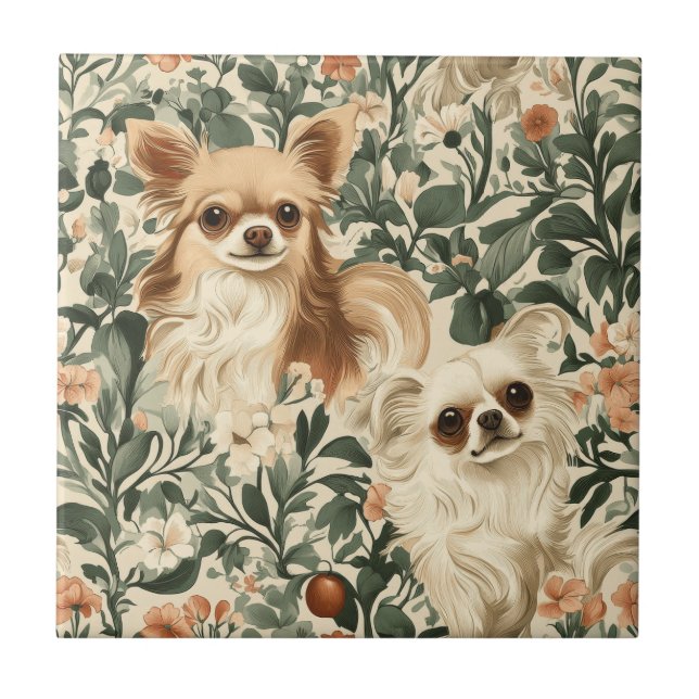 Long Haired Chihuahuas William Morris style floral Ceramic Tile (Front)