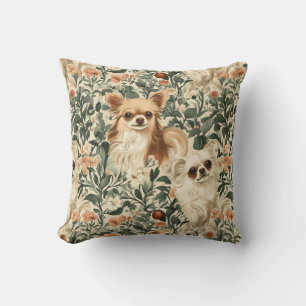 Long Haired Chihuahuas William Morris style floral Throw Pillow