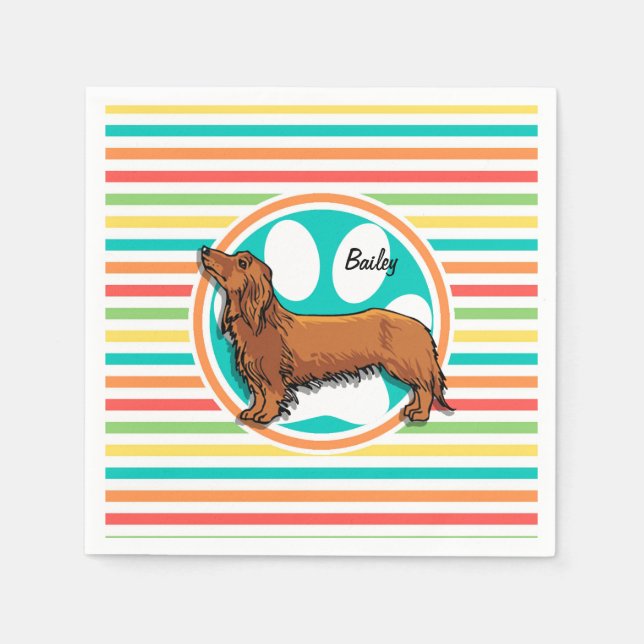 Long-haired Dachshund; Bright Rainbow Stripes Napkins (Front)