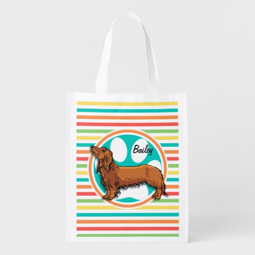 Long_haired Dachshund Bright Rainbow Stripes Reusable Grocery Bag