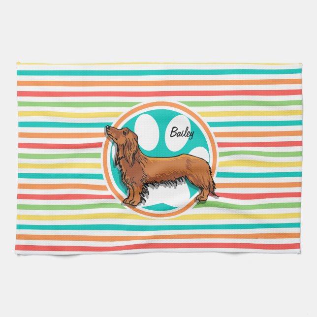 Long-haired Dachshund; Bright Rainbow Stripes Towel (Horizontal)