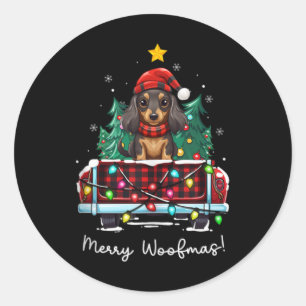 Long Haired Dachshund Christmas Dog Truck Plaid Fu Classic Round Sticker
