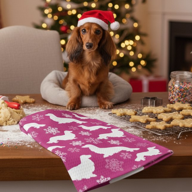 Long Haired Dachshund Christmas Kitchen Towel (Pink Christmas long hair dachshund hostess gift for long hair wiener dog moms)