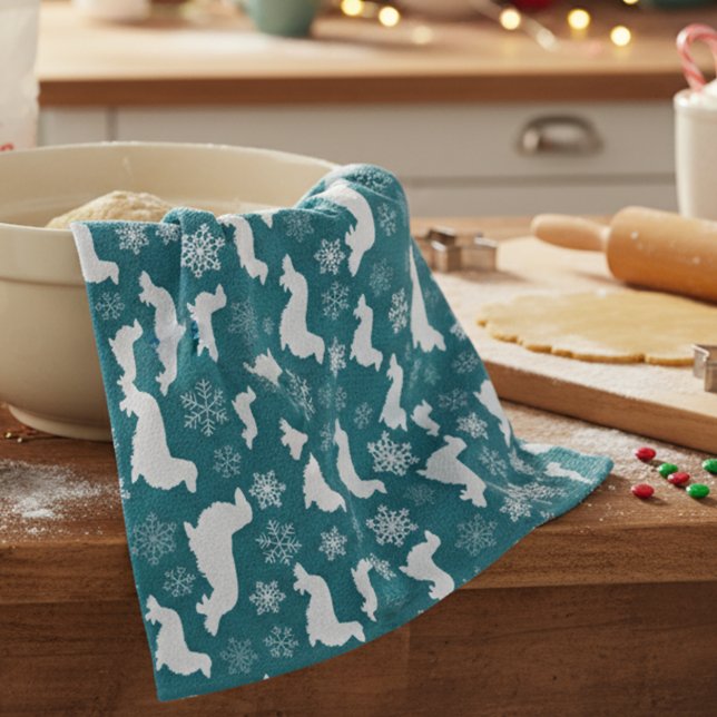 Long-Haired Dachshund Christmas Teal Kitchen Towel (Long hair dachshund - blue Christmas dish towel - hostess or white elephant gift for wiener dog moms)