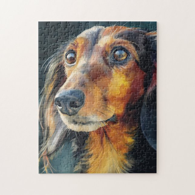 Long-haired dachshund closeup jigsaw puzzle (Vertical)