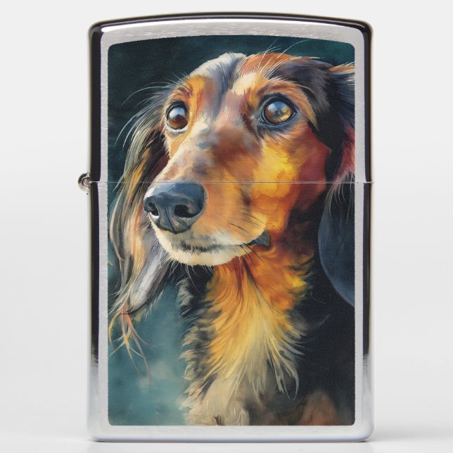 Long-haired dachshund closeup zippo lighter (Front)