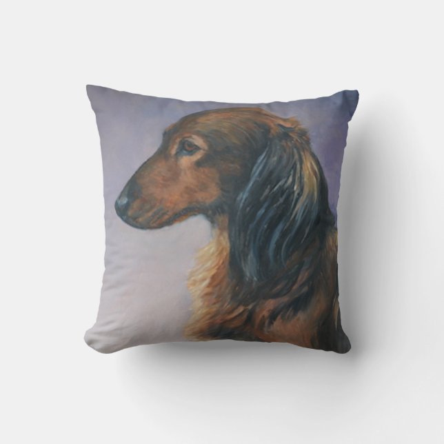 Long Haired Dachshund Dog Art Throw Pillow (Front)