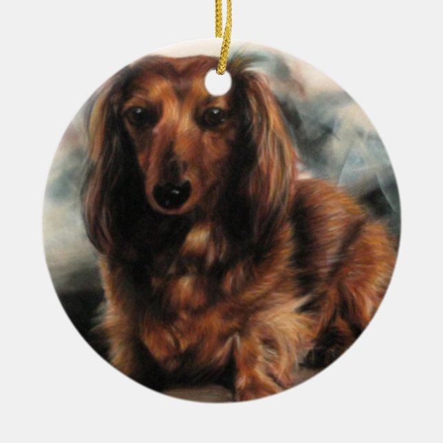 Long Haired Dachshund dog Ceramic Ornament (Front)