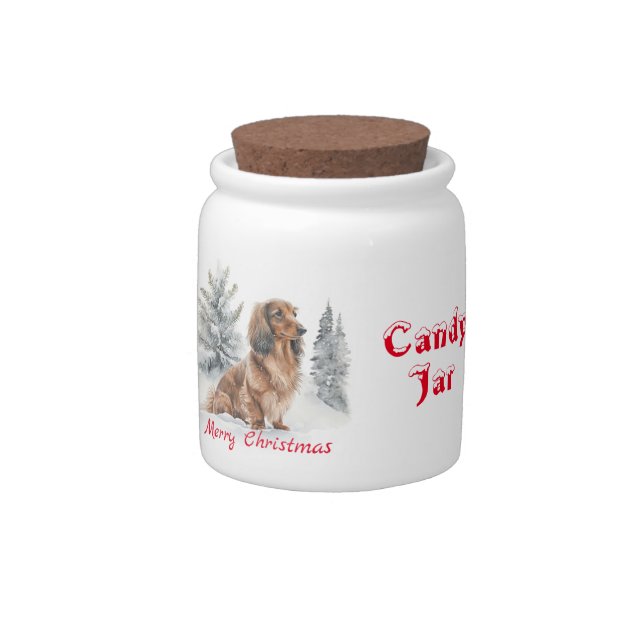 Long Haired Dachshund Dog in Snow Merry Christmas Candy Jar (Right)