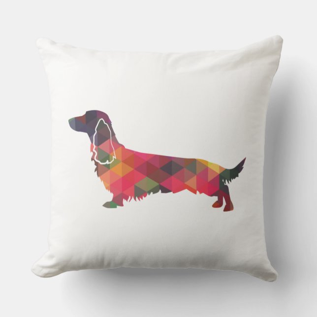 Long Haired Dachshund Geo Silhouette Multi Throw Pillow (Front)