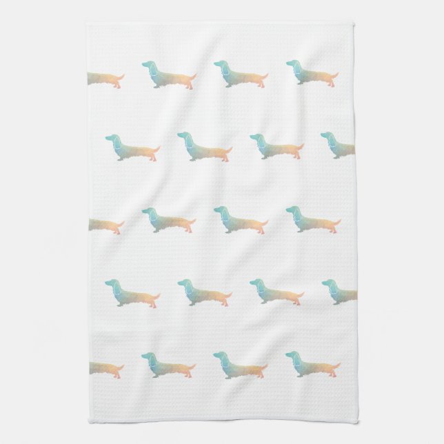 Long Haired Dachshund Geo Silhouette Pastel Kitchen Towel (Vertical)