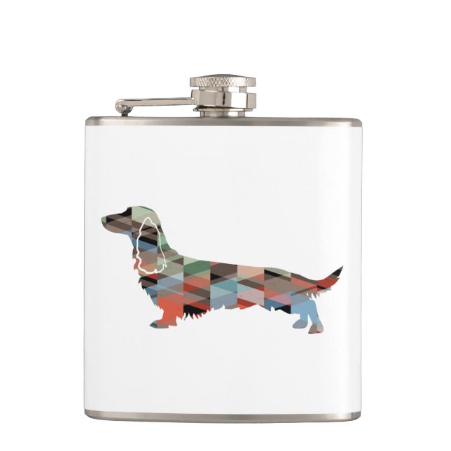Long Haired Dachshund Geo Silhouette Plaid Flask (Front)