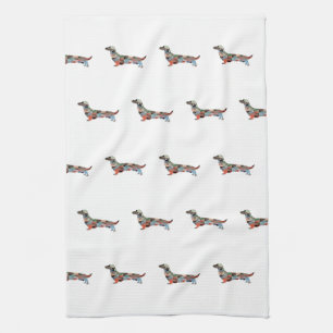 Long Haired Dachshund Geo Silhouette Plaid Kitchen Towel