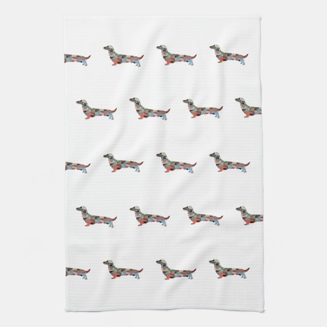 Long Haired Dachshund Geo Silhouette Plaid Kitchen Towel (Vertical)
