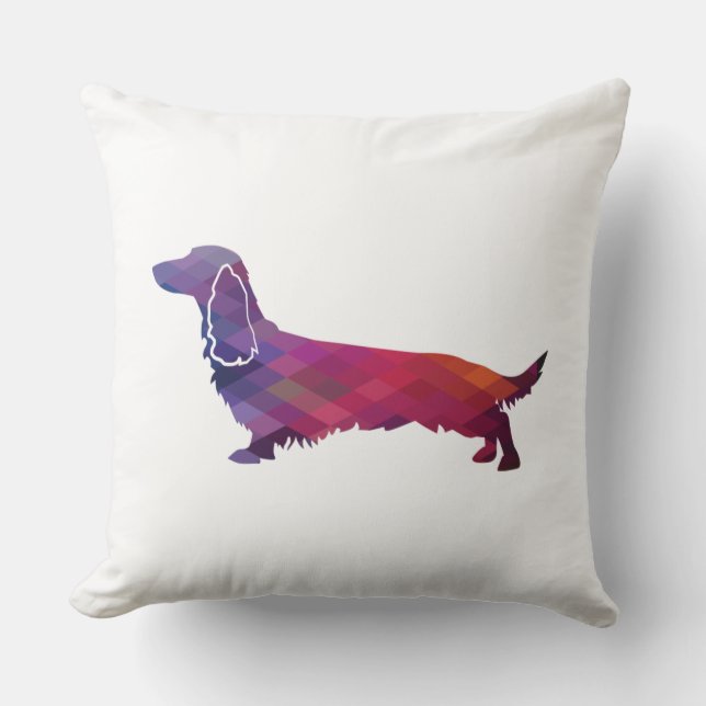 Long Haired Dachshund Geo Silhouette Purple Throw Pillow (Front)